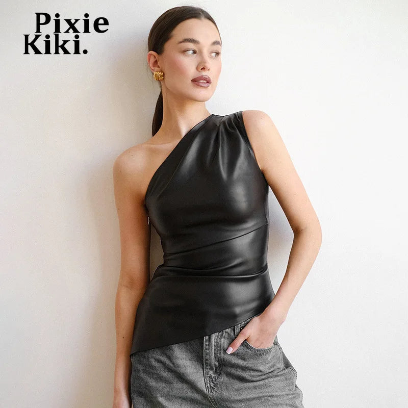 PixieKiki Fashion T-shirts sans manches en cuir synthétique, fermeture éclair latérale, hauts asymétriques à une épaule, vêtements pour femmes automne 2024 C85-CA12