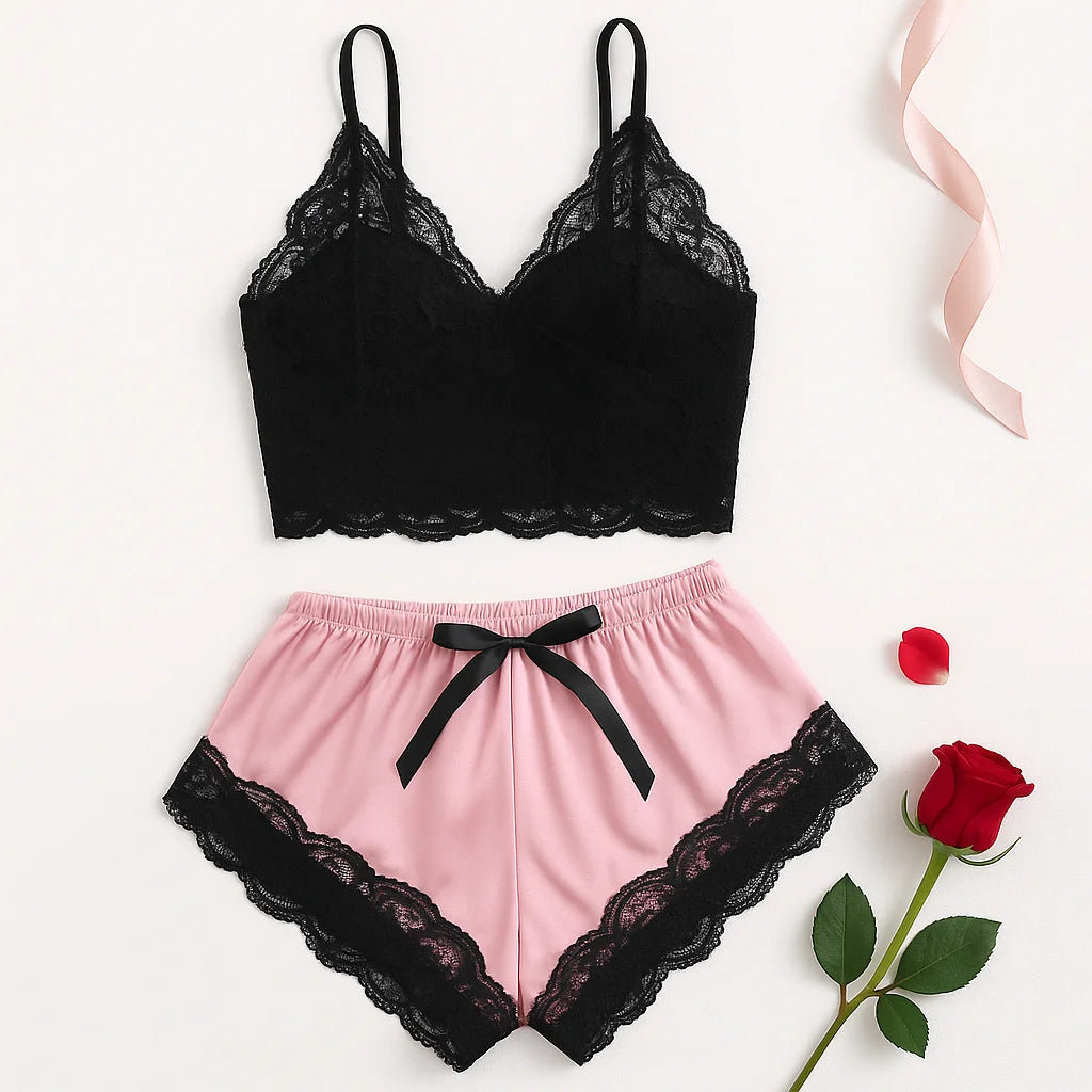 Ensemble de pyjama sexy 2 pièces en dentelle pour femme, nuisette transparente et short, vêtement de nuit respirant, grande taille, lingerie d'été.