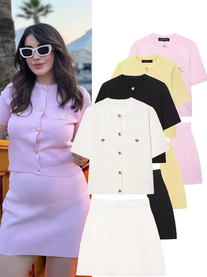 HH Women's Elegant Suit Round Collar Single-Breasted With Short Sleeve Pocket Knitted Top+Elastic Waist Mini Skirt Set