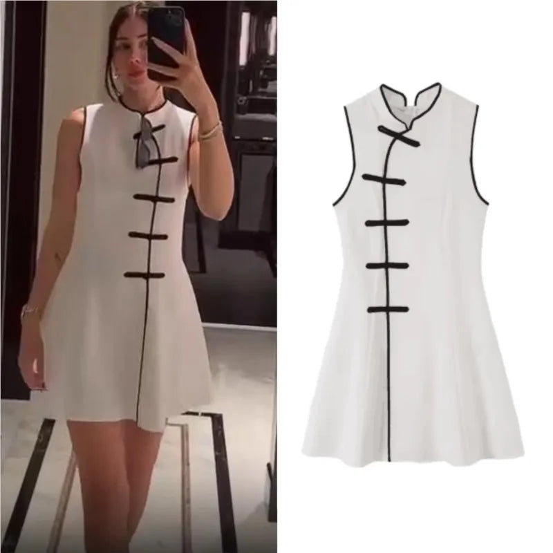Women's Mini Dress Summer New Fashion Round Neck Sleeveless Rope Knot Contrast Dress Vintage Female Chic Dresses