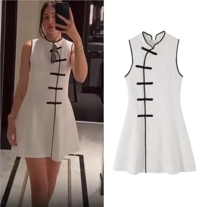 Women's Mini Dress Summer New Fashion Round Neck Sleeveless Rope Knot Contrast Dress Vintage Female Chic Dresses