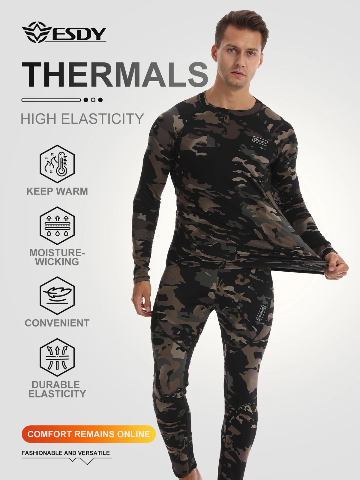Esdy 1 Set of Men's Thermal Compression Clothing Set, Autumn and Winter Outdoor Thermal Underwear Set, Polar Hunting Cold-Proof Long-Sleeve Underwear and Pants, Suitable for Skiing, Mountaineering, and Rock Climbing