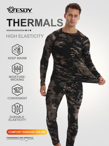 Esdy 1 Set of Men's Thermal Compression Clothing Set, Autumn and Winter Outdoor Thermal Underwear Set, Polar Hunting Cold-Proof Long-Sleeve Underwear and Pants, Suitable for Skiing, Mountaineering, and Rock Climbing