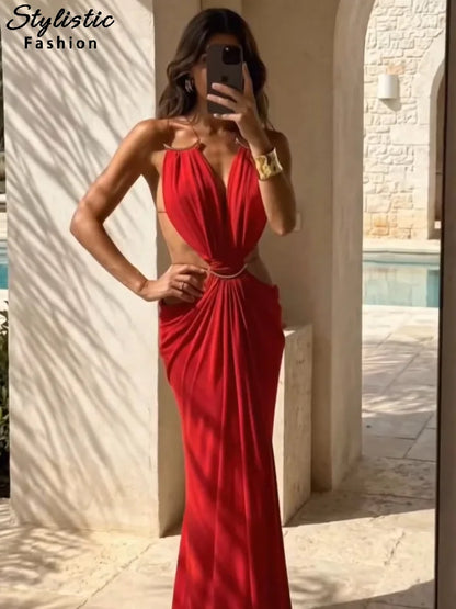 Sexy Hallow Out Long Party Dress Women Slim Sleeveless Backless Chic Pleated V-neck Ring Dresses Female 2026 Summer Lady Robe