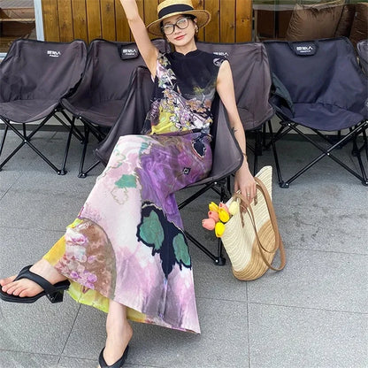 Robes pour femmes Vêtements femme Robe plissée imprimée de haute qualité Miyake Style national chinois Jupe cheongsam Jupe queue de poisson Été