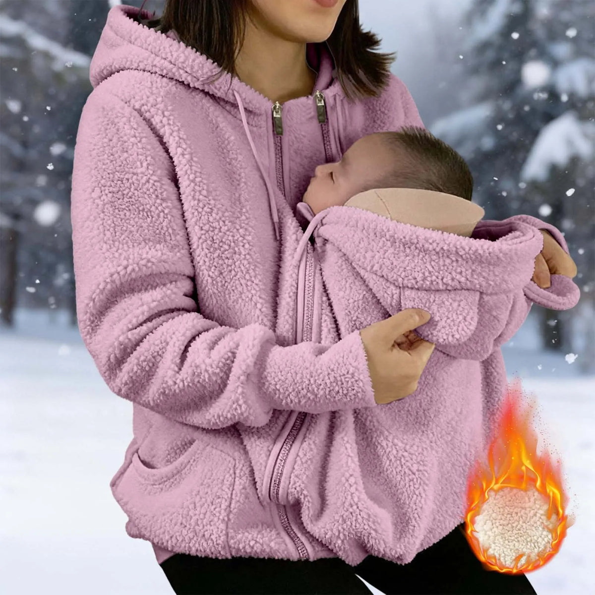 2 in 1 Warm Fleece Hoodie Coat with Baby Carrier Long Sleeve Faux Fur Plush Sweatshirt Outdoor Mom's Hoodie Jacket Baby Bag