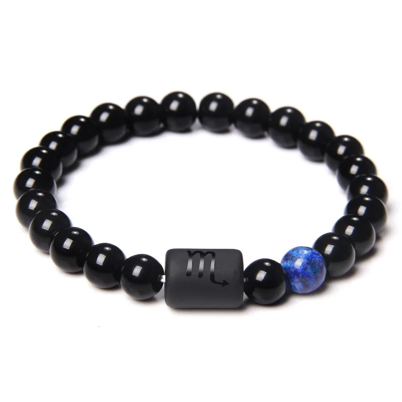 12 Constellation Zodiac Signs Beads Couples Bracelet Natural Black Onyx Stone Elastic Charm Bracelet for Women Men Birthday Gift