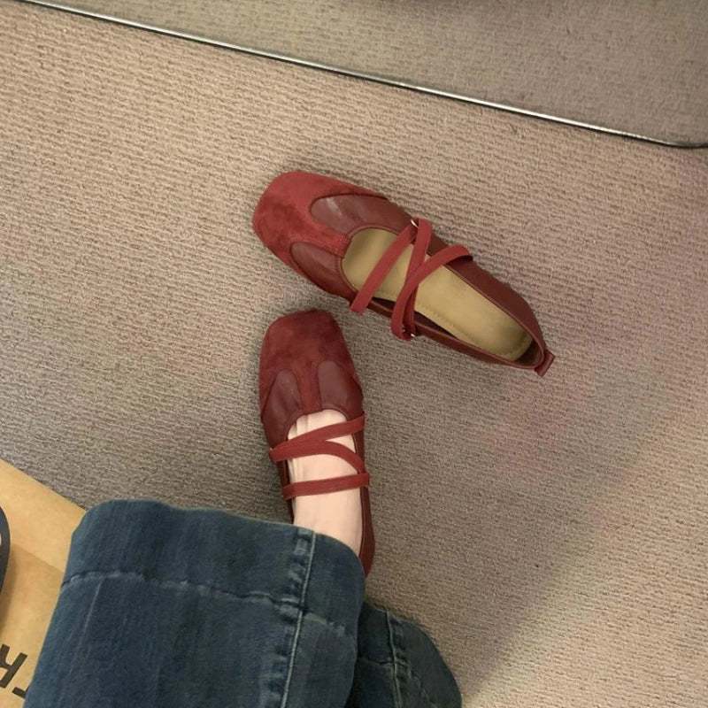 Spring Ballet Flats Women Comfy Splicing Leather Square Toe Mary Janes Elastic Cross Straps Vintage Sporty Ladies Footwear Shoes