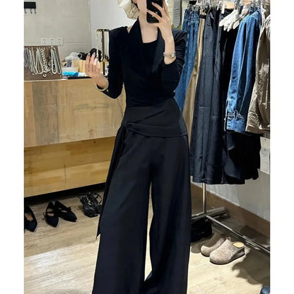 Women's 2-Piece Set: Wrap-Front Long-Sleeve Top Wide-Leg Pants