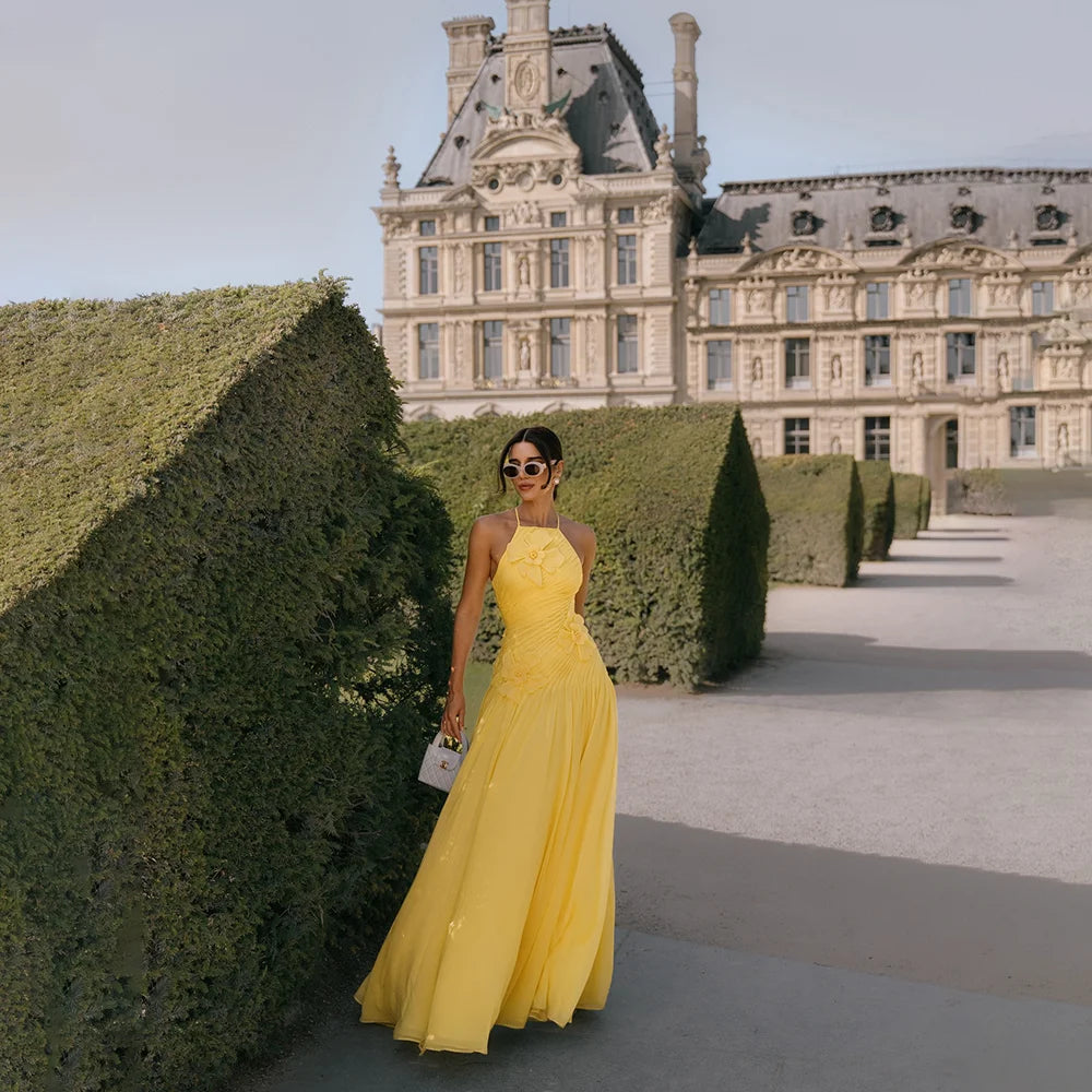 Elegant Party Dress for Women Halter Neck Sleeveless A Line Pleated Chiffon Applique A Line Yellow Long Evening Dress Customized