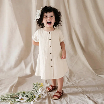 Children's Muslin Gauze Short-Sleeved Dress Summer New Solid Color Collision Buttons Girls Round Neck 100% Cotton A-Line Dresses
