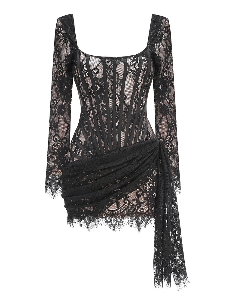 Robe mini bustier sexy en dentelle pour femme, sans manches, avec lacets ajustables, drapée, noire, moulante, élégante, pour soirée ou boîte de nuit