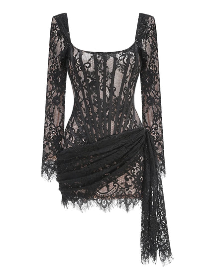 Robe mini bustier sexy en dentelle pour femme, sans manches, avec lacets ajustables, drapée, noire, moulante, élégante, pour soirée ou boîte de nuit