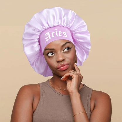 1PConstellation printing satin wide band sleep bonnet ,soft sleeping bonnet with wrap band,make up washing face daily use bonnet