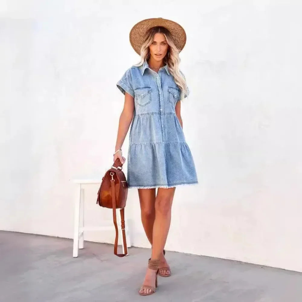 Mini Dress Women Vintage Denim Dresses Distressed Turn Down Collar Single Breasted Pockets Splice Vestidos 2025 Streetwear