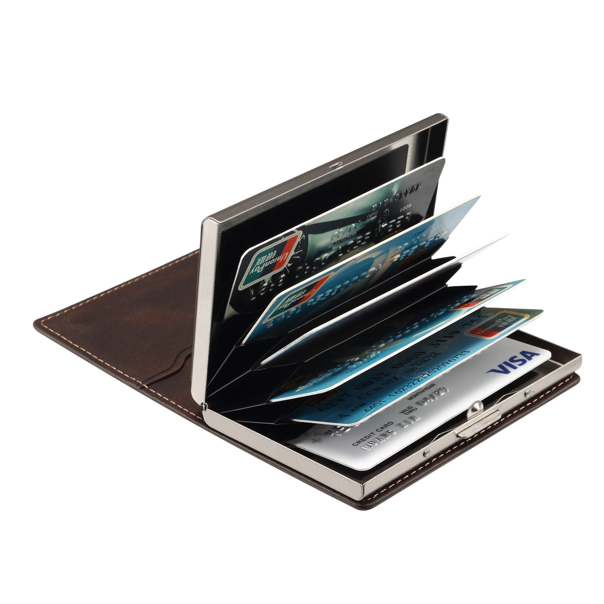 Porte-cartes de luxe en similicuir avec fentes, boîte à cartes magnétique de style orgue, éjection automatique des cartes par bouton-poussoir