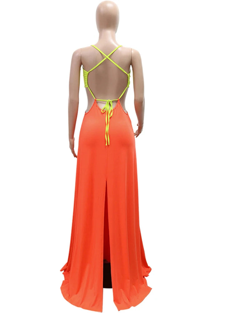 Beyprern Robes longues évidées à anneaux métalliques pour femmes, mode sans dossier, bandage, robes de vacances, tenues de vacances, vêtements de club sexy