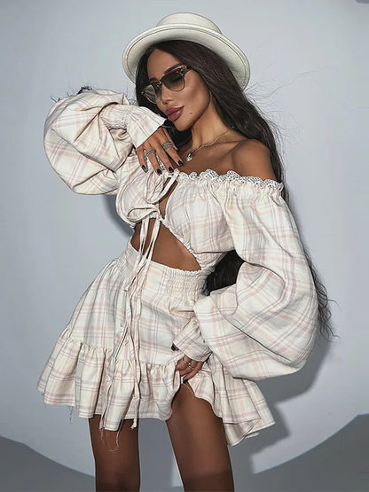 Slash Neck Lace Up Hollow Out Mini Print Dress Women Sexy Lantern Full Sleeve Backless Evening Dresses Hot Girl Summer Partywear
