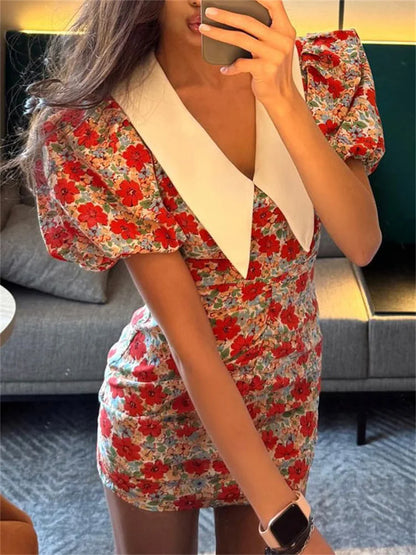 Mini Dress For Women Summer Printed Fashion Short Sleeve  Contrast V-Neck Elegant Dress Female Bodycon Dress New