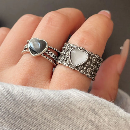 Bagues en argent sterling 925 pour femmes, bijoux fins géométriques, bague ajustable large en forme de cœur avec pierre, pour fête, cadeau d'anniversaire