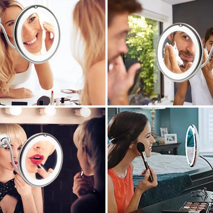 Miroir de Maquillage Flexible Col de Cygne avec Lumière LED Miroir Grossissant 10X Ventouse Lumière Diffuse Brillante et Pivotant à 360 Degrés