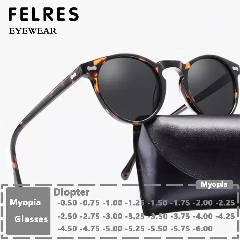 Round Tinted Myopia Glasses Men Black Lens Finished Prescription Nearsighted Glasses Retro Outdoor Shade Driving Sunglasses