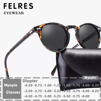 Round Tinted Myopia Glasses Men Black Lens Finished Prescription Nearsighted Glasses Retro Outdoor Shade Driving Sunglasses