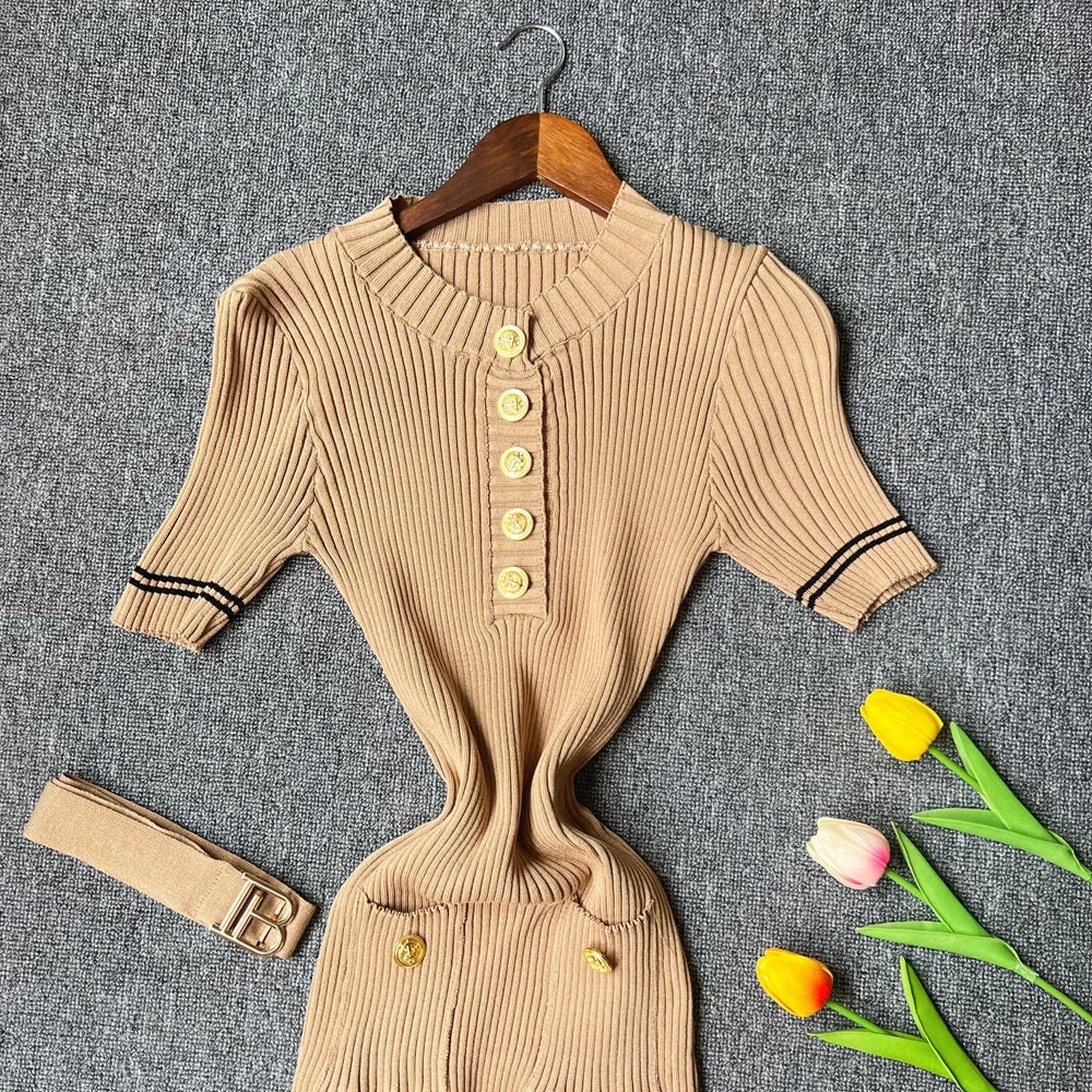 YuooMuoo 2026 Autumn Winter Women Knitted Dress Brand Fashion O-neck Buttons Bodycon Sweater Dress with Belt Lady Office Dress