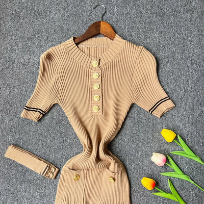 YuooMuoo 2026 Autumn Winter Women Knitted Dress Brand Fashion O-neck Buttons Bodycon Sweater Dress with Belt Lady Office Dress