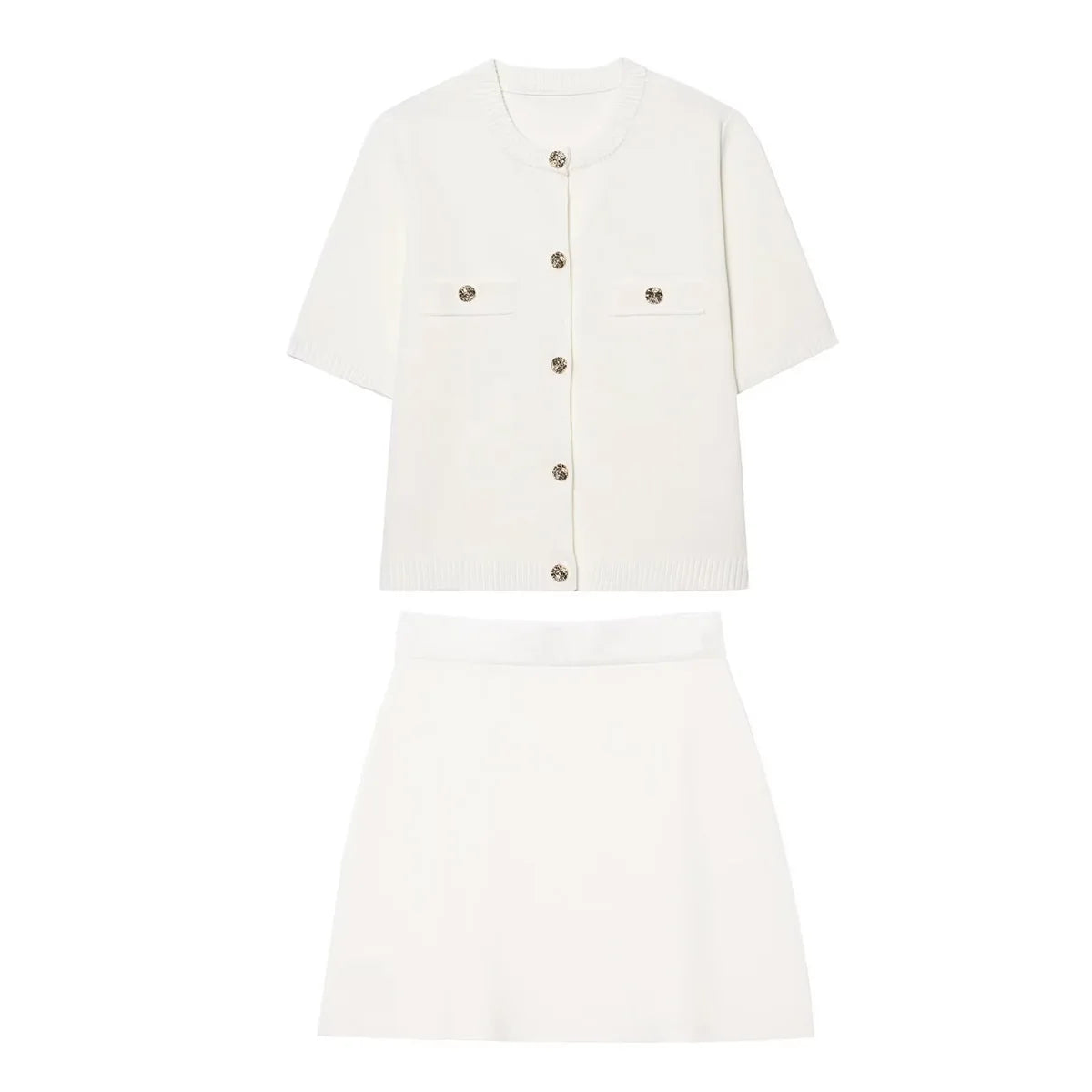 HH Women's Elegant Suit Round Collar Single-Breasted With Short Sleeve Pocket Knitted Top+Elastic Waist Mini Skirt Set