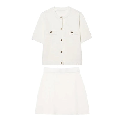 HH Women's Elegant Suit Round Collar Single-Breasted With Short Sleeve Pocket Knitted Top+Elastic Waist Mini Skirt Set