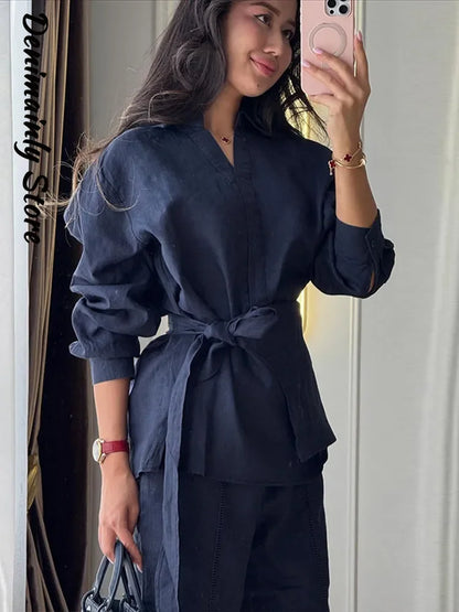 Ensemble décontracté pour femme en lin, 2 pièces, chemise ample à lacets et boutons, pantalon large, collection printemps-été 2026, tenues de vacances pour femme