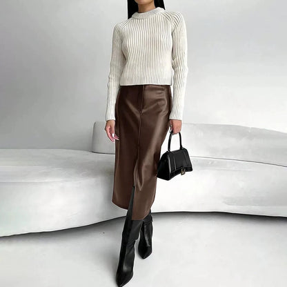 Leather Skirt High Waist Women Front Slit Spring Autumn Long Skirt High Waisted Office Lady Slim Skirts Elegant Ropa De Mujer