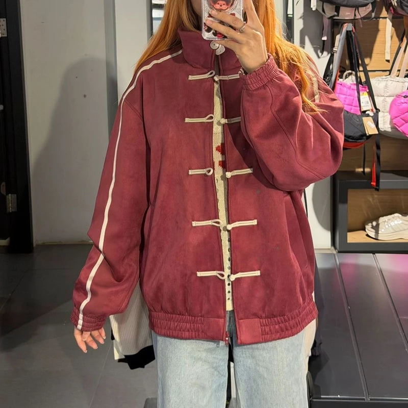 Combhasaki Women's Chinese Frog Button-down Jacket Y2k Vintage Zip Up Sweatshirt Funnel Neck Bomber Jacket Preppy Streetwear