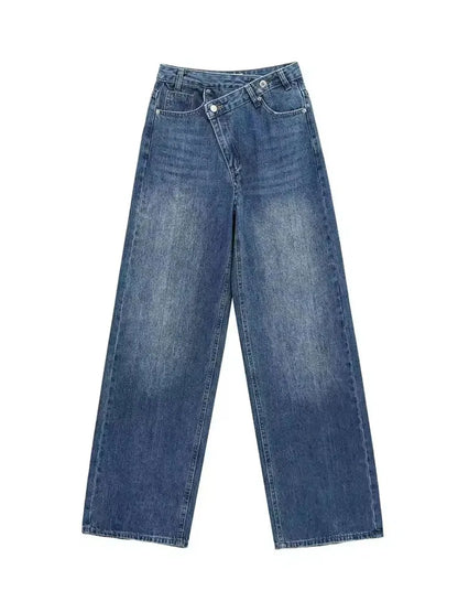 HH Jeans Évasés Taille Croisée Tendance pour Femmes Boutons Asymétriques Taille Haute Jean Baggy en Denim pour Tenues Streetwear et Y2K