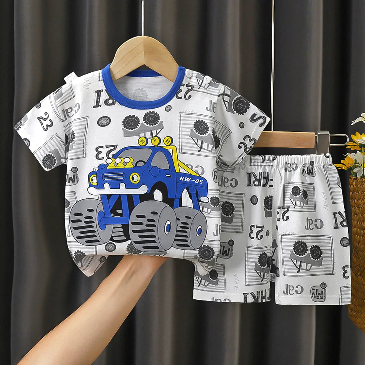 Ensemble pyjama d'été pour garçons - Costume à manches courtes - Motif voiture de dessin animé - Haut en coton à manches courtes + short - 2 pièces - Vêtements de nuit pour enfants