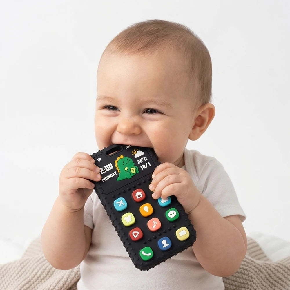 Baby Dinosaur Phone Teething Toy Food Grade Silicone Chew Molar Stick BPA Free Boilable Cute Toddler Teether Soothing Gum Relief