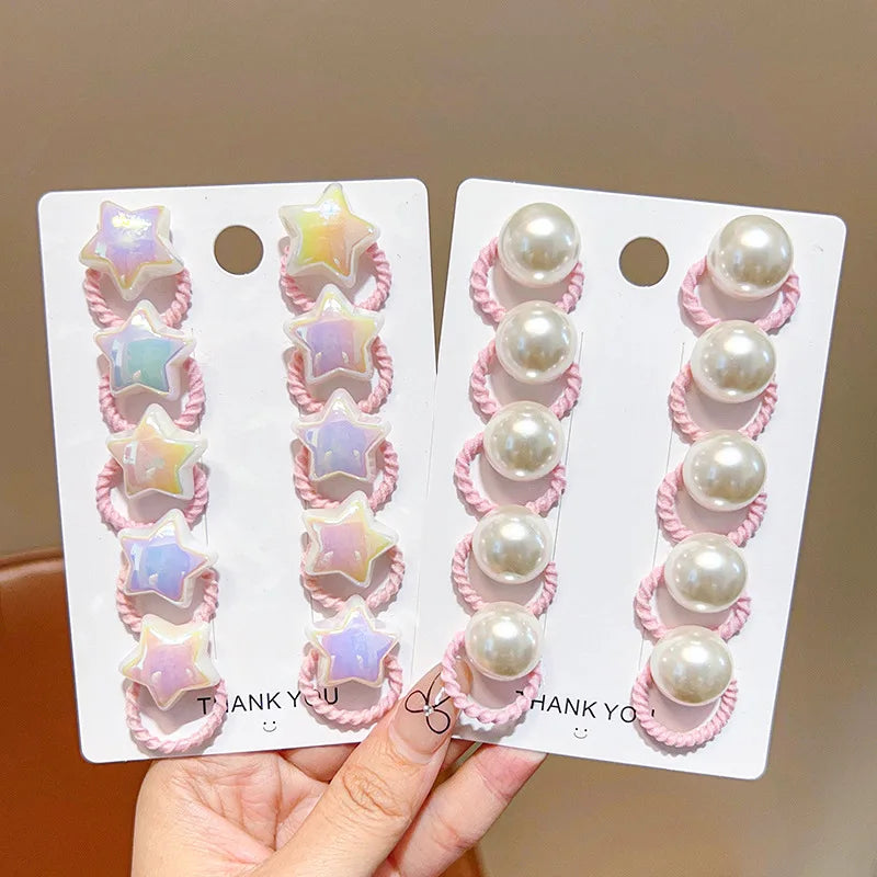 10/20/30PCS Children Girls Pearl Hair Ties Heart Star Shaped Elastic Stretchy Hair Bands for Toddler Kids Girls Ponytail Holder