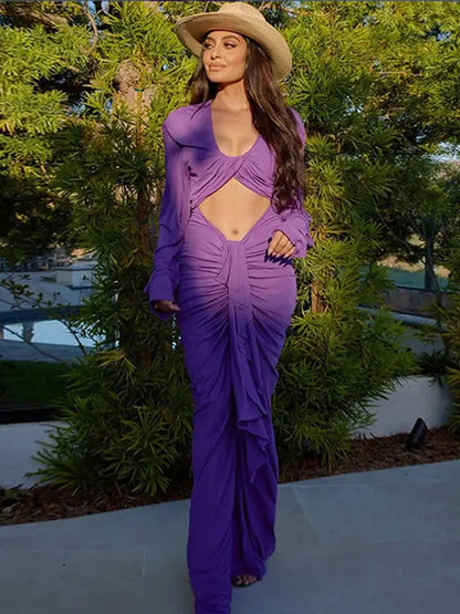 Robe longue violette ajourée moulante pour femme, élégante, col en V profond, drapée croisée, manches longues, robes longues 2025, mode, robes de soirée pour femme