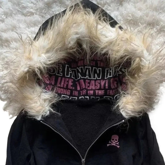High street retro women hooded winter new item Harajuku multifunctional long sleeved wool warm zipper Gothic Y2K long sleeved