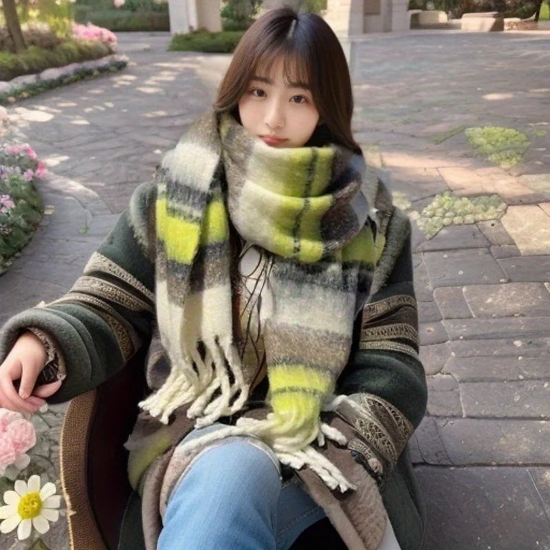 Plaid Scarf Winter New - Faux Cashmere Maillard Style, Korean Warm Vintage Fashion Thick Wrap for Women