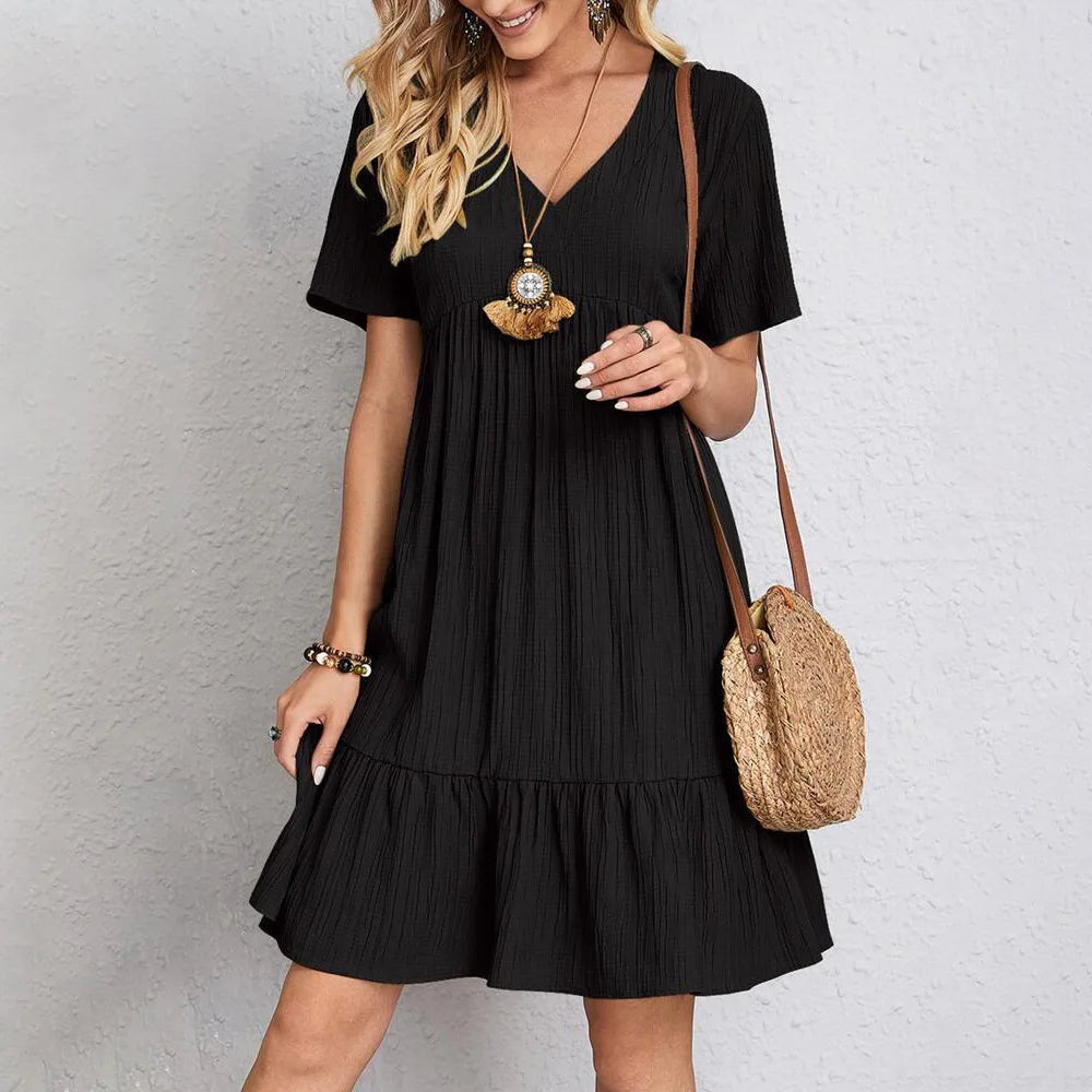 Robe plissée ample à col en V et manches courtes pour femme, Robe de soirée unie tendance été FYY-894