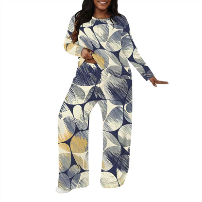 Plus size Women two-piece set with 3D geometric print casual loose round neck long sleeved two-piece set (pocket)