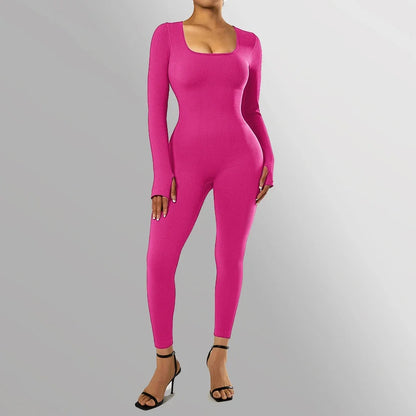 Combinaison Femme Manches Longues Moulante Tenue Une Pièce Col Carré Décontracté Streetwear Barboteuse Salopette Combinaison-short Body