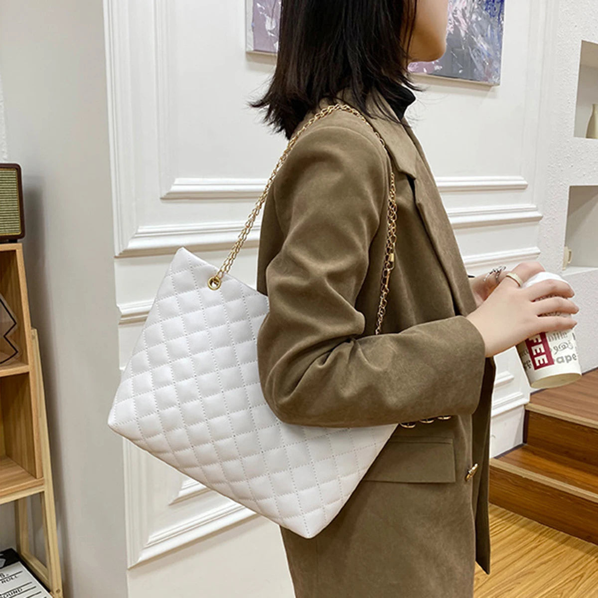 Sacs fourre-tout pour femme en cuir PU avec motif losanges, sac à main de personnalité, grande capacité, sac à bandoulière, sac de créateur