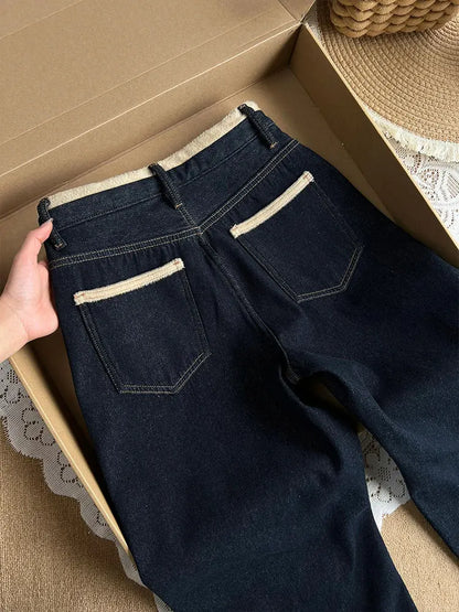 Jean en Denim Doux Bleu Rétro pour Femme, Pantalon Large Hiver Nouveau Style Décontracté, Tendance, avec Cordon et Fermeture Éclair