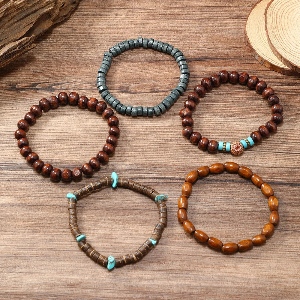 5Pcs Wood Beads Beaded Bracelet Set For Men Women Vintage Wood Beads Elastic Chain Bangle Fashion Daily Party Jewelry