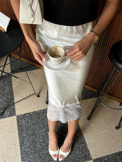 Tossy White Casual Lace Long Skirt For Women Slim High Waist Patchwork Elegant Commute Clothes Summer 2025 Female Maxi Skirt New