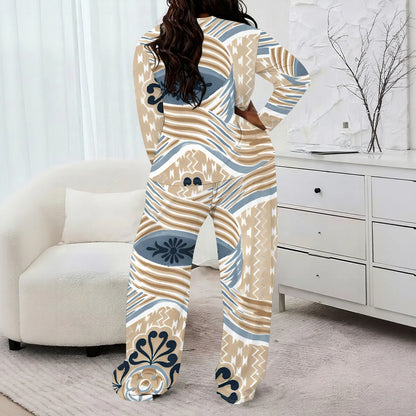 Plus size Women two-piece set with 3D geometric print casual loose round neck long sleeved two-piece set (pocket)