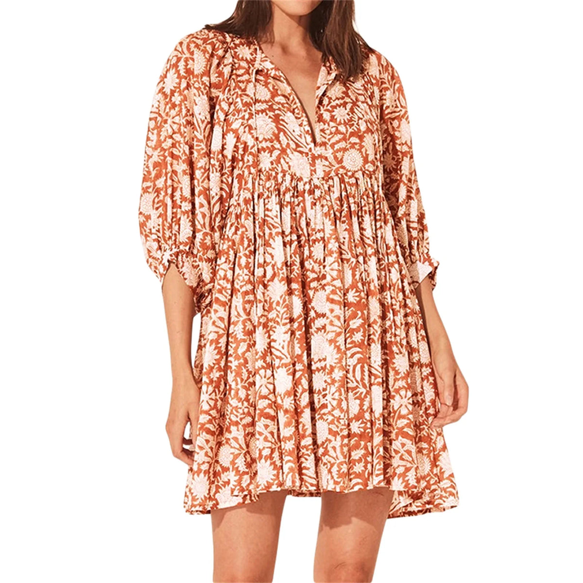 Women's Mini Dress, Half Sleeve V-Neck Lacing Flower Print Pleated Loose Summer Dress for Casual Daily